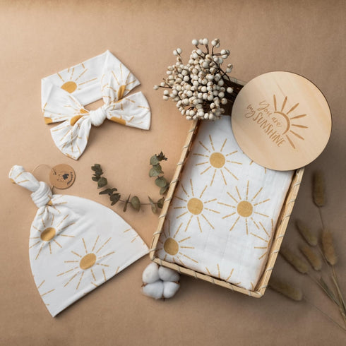 100% Set| Miaoberry Organic Cotton Baby Muslin Swaddle Blanket Golden Boho Sunrays| Gender Neutral for Boys