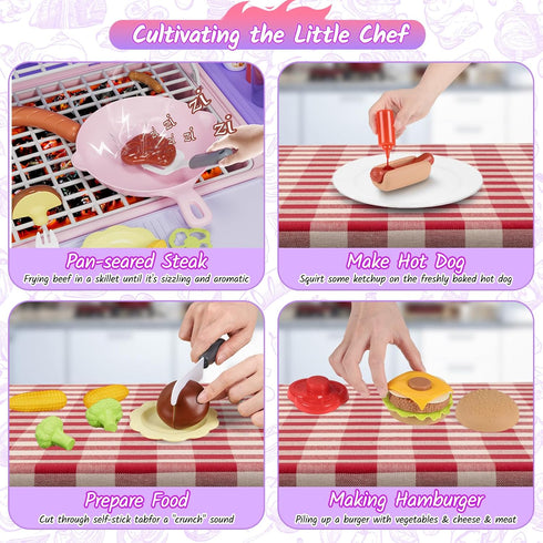 Playset 3-5 New Upgraded Kids BBQ Grill with Smoke, Sound&Light, Toy Grill for Girls, Pretend Food Hamburger, Kitchen