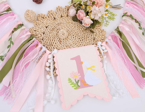 LINLULU 1st One Funny Goose High Chair Banner for Girls - Goose Birthday Decorations for Girls, Pink GooseFirst