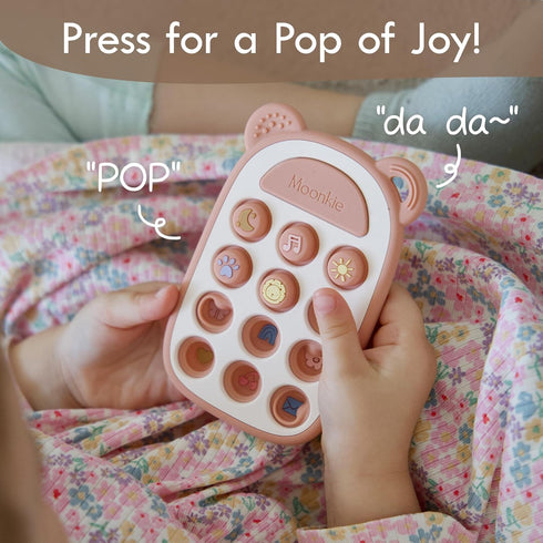 3 Moonkie Silicone Press Phone Teething Toy for Baby Months+ | Soft BPA-Free Teether with Icon & Number Pop Bubbles |