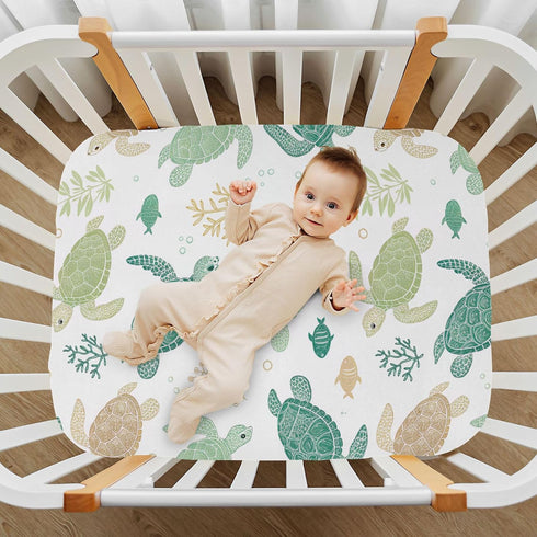 Takiito 27x39 Crib Sheet for Boys Girls, Sea Turtles Fitted Crib Sheet Super Soft Breathable for Playard Mattress