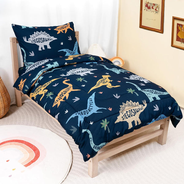 TinyPalsa Toddler Bedding Set, 4-Piece Green Dionosaur Comforter Set for Girls and