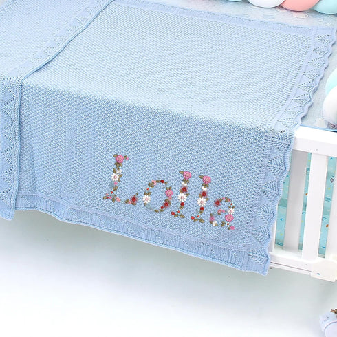 Cozy Personalized Floral Embroidered Name Blanket Soft Cotton Knit Newborn Blanket, Custom Keepsake Gift, Cover