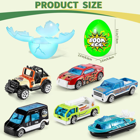 Beby Buty 6 Pack 3 4 5 6 7 Luminous Easter Eggs with Mini Cars, Includes Off-Road Vehicles, Trucks, and Police Cars