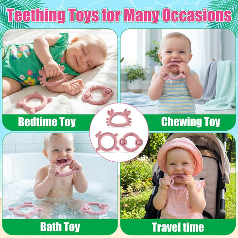 2ooya 3Pcs Summer Easter Silicone Teether for Babies - Pink Bunny Ocean Animal Infant Teething Chew Toys, Toddler Easy
