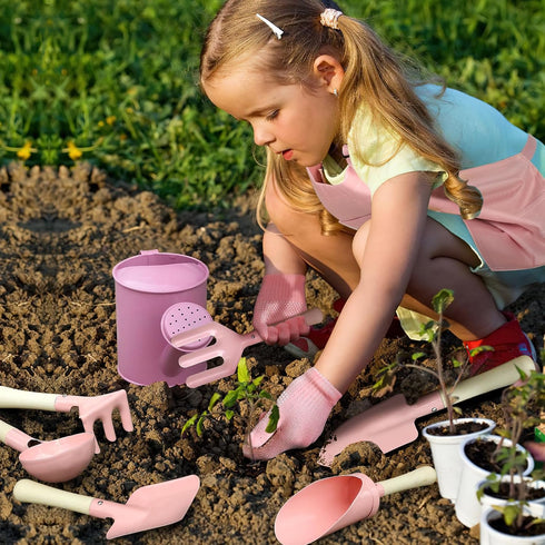 Set 14Pcs Qtioucp Kids Gardening Garden Tools with Tote Bag,Watering Can, Shovel, Apron, Garden Book and More