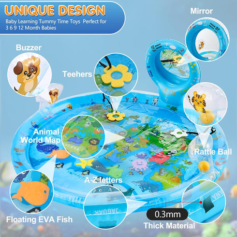 Tummy 31.5"31.5" 3-12 Time Mat Extra Large for Months Baby, Inflatable Water Playmat with Mirror, Teethers, Rattles