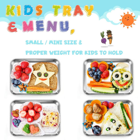 TeamFar Kids Plates Set of 4, Stainless Steel Toddler Training Trays, 7.3"×5.3"×0.8", Healthy & Toxic Free, Dishwasher