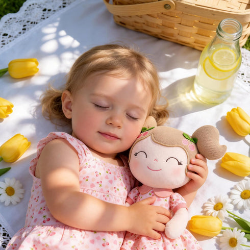 Plush Cherry Girl Doll - Soft Pink Baby Gift with Adorable Gift Bag