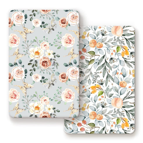 GRSSDER Stretchy Ultra Soft Jersey Knit Fitted Pack n Play Sheets Set, 2 Pack, Watercolor Flowers