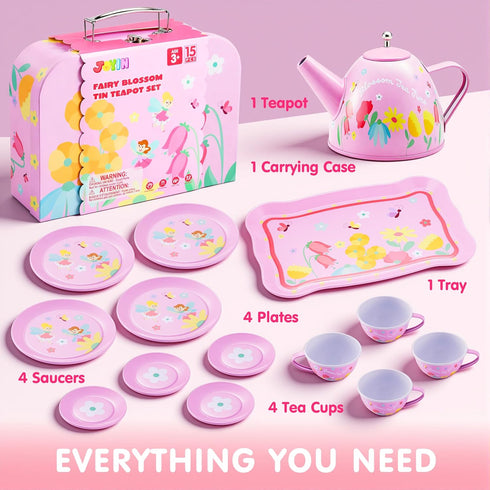 Set Set, 3 4 5 6 JOYIN Fairy Blossom Tea Party for Little Girls, Pretend Pink Tin Teapot Princess Tea Time Play Kitchen