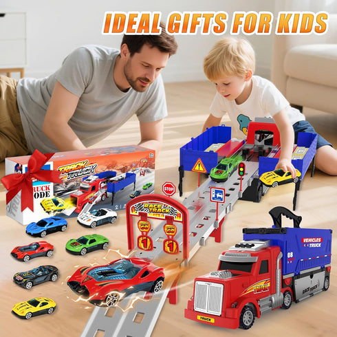 3, 4, 5, 6, 7, 8 6 Carrier Truck Race Track Toys, Truck Toys for Years Old Kids, Foldable Transport Truck Toys Car