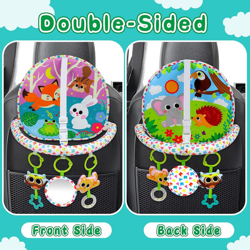 OKOOKO Rear Facing Car Seat Toy - Double-Sided Baby Travel Toy with Mirror, Plush Rattle Teether for Newborn Infant