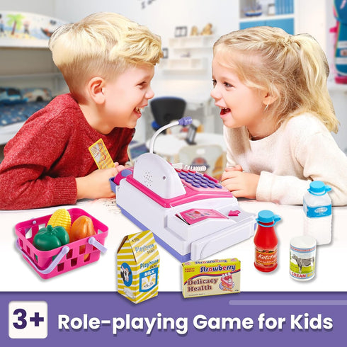 3 4-8+ BUYGER Kids Cash Register Toy with Scanner, Receipt Printer, Microphone, Shopping Play Food - Pretend Role Play