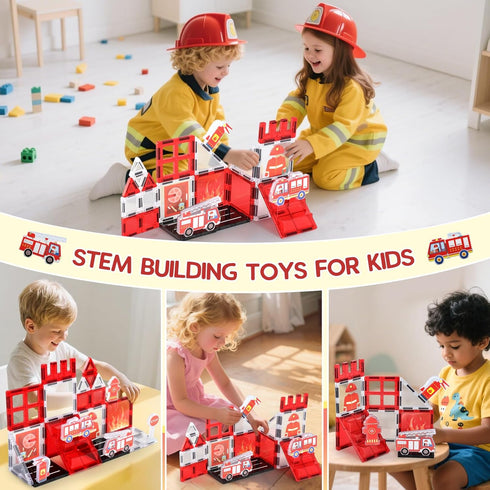 3-5 3-5, Magnetic Tiles, Firetruck Toys Years Old, Fire Trucks for Toddlers Magnetic Building Blocks for Kids, STEM