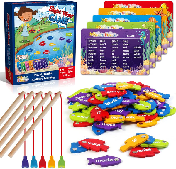 SpringFlower Wooden Magnetic Sight Word Fishing Game - Educational Toy for 3-6 Year Old Kids, Boys & Girls, Homeschool