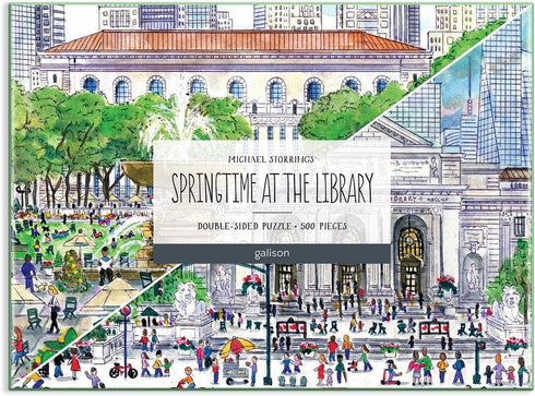 Galison Michael Storrings Springtime at The Library Double-Sided Puzzle, 500 Pieces, 20” x 20”