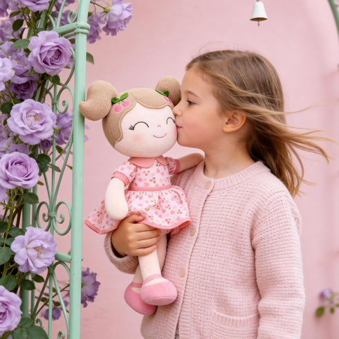 Plush Cherry Girl Doll - Soft Pink Baby Gift with Adorable Gift Bag