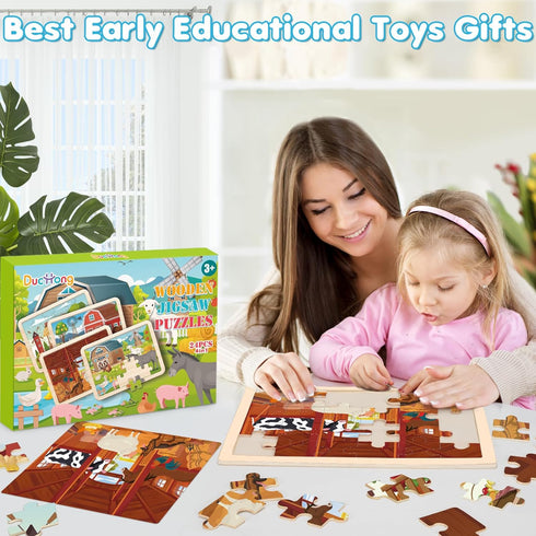 4-in-1 Farm Wooden Puzzles for Kids Ages 4-6, 24 PCS Jigsaw Puzzles for Toddlers 2-4, Educational Gifts