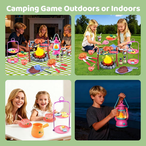 Set 50 3-5 Kids Camping Toys PCS with Campfire, BBQ Grill, Food Toy and Lantern Kids Camping Gear with Storage Bag