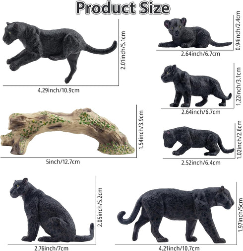 7PCS Playset, Toymany Black Panthers Figurines with Panther Cub and Tree Trunk, Realistic Jungle Animals Figures Family