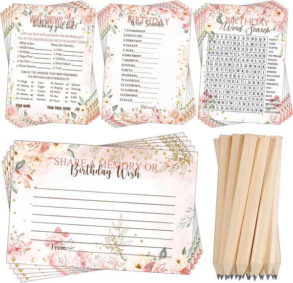 Fumete Birthday Party Games - 100 Pcs Who Knows The Birthday Girl Game with 20 Pencils, Girly Birthday Cards Set for