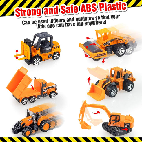 Diecast Construction Vehicle Set for Kids, Alloy Mini Model Dump Truck, Bulldozer, Roller, Tractor, Forklift, 6 Pack