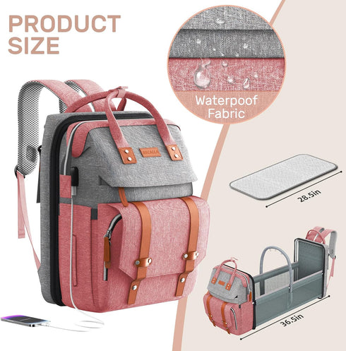 RECALLA Backpack Diaper Bag with Changing Station, Large Diaper Bag, Multifunctional Diaper Bag, Baby Bag, PinkGray