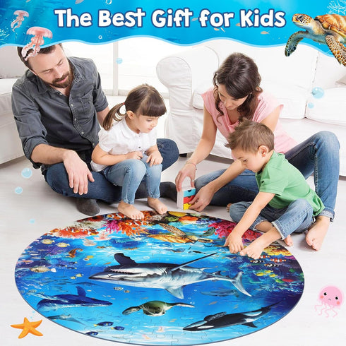 Underwater World Floor Puzzle for Kids Ages 4-8, 70 Pcs Large Round Jigsaw, Educational Toys with Gift Box