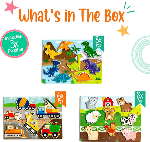 Large 3 Pk Wooden Toddler Puzzles Ages 2-4 | Montessori Learning Toys for 2+ Year Olds