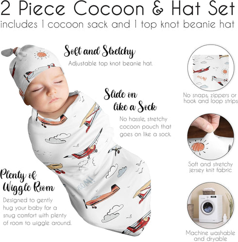 Set Set Sweet Jojo Designs Vintage Airplane Boy Baby Cocoon Swaddle and Beanie Newborn Jersey Infant Wearable Blanket
