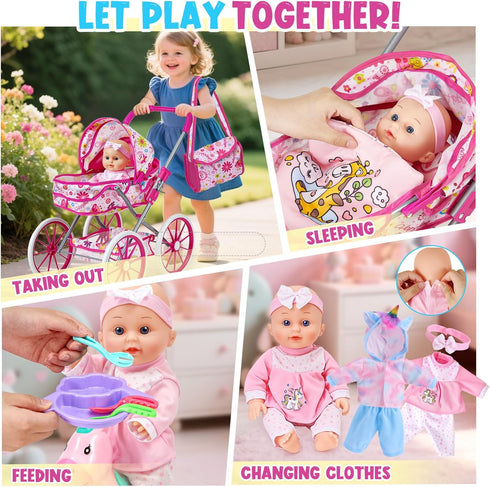 12 Set 3 4 5 6 26pcs Horse/2 3-5-7 Golray in Baby Doll Toys with Stroller for Year Old Girl - Babydoll with Accessories