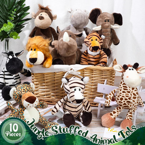 HyDren 10 Pcs Safari Stuffed Animals Plush Jungle Toys for Girls Boys, Elephant, Giraffe, Lion, Tiger, Monkey, and More