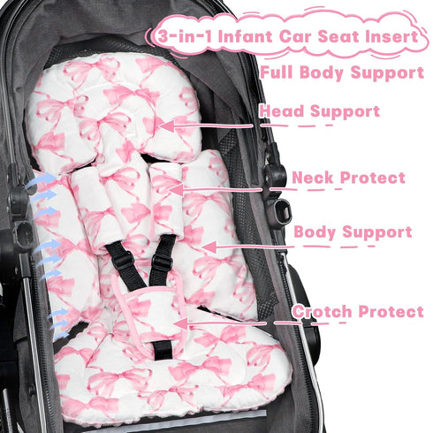 3 Infant Car Seat Insert, Soft Baby Car Seat Head & Body Support for Girl Boy, Reversible Newborn Preemie Carseat