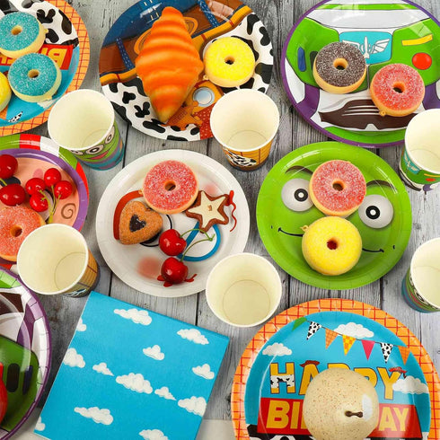 120pcs Cartoon Toy Birthday Party Supplies, Disposable Plates Napkins Cups for Boys Girls Birthday Tableware Set for 30