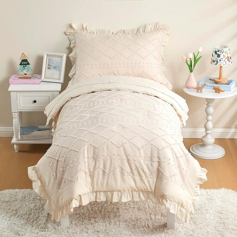 Set 4-Piece Set Set Toddler Bedding for Girls Beige Boho Tufted Toddler Comforter Jacquard Tufts Ruffle Fringe