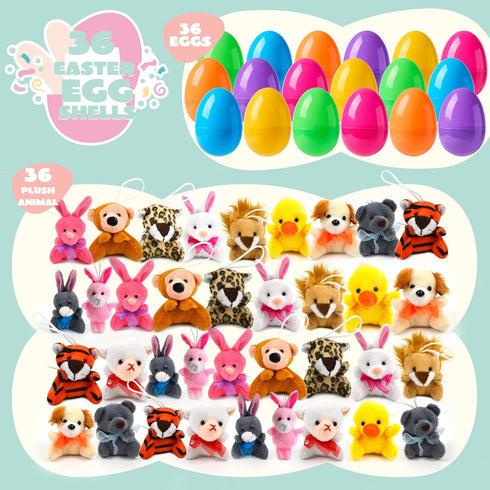 36 JOYIN Pcs Pre-Filled Easter Eggs Filled with Plush Animal Toys for Kids Toddlers Easter Egg Hunt, Basket Stuffers