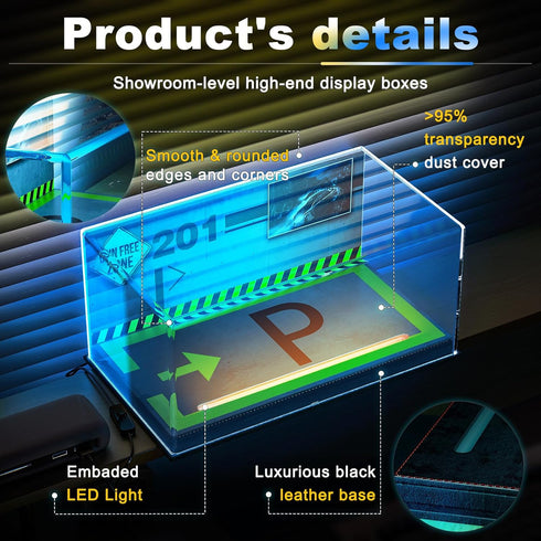 Lighted Display Case for 1/24 Scale Model Cars - No Assemble Acrylic Case with Lights and Leather Base
