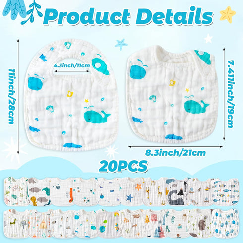 20Pcs Zainpe Snap Muslin Cotton Baby Bibs Soft Absorbent Adjustable Burp Cloths for Newborns Drooling Feeding Teething