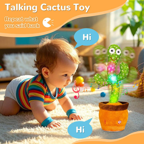 Tummy Dancing & Singing Cactus Baby Toy, Repeats What You Say with Adjustable Volume, Interactive Light up Sensory Toy