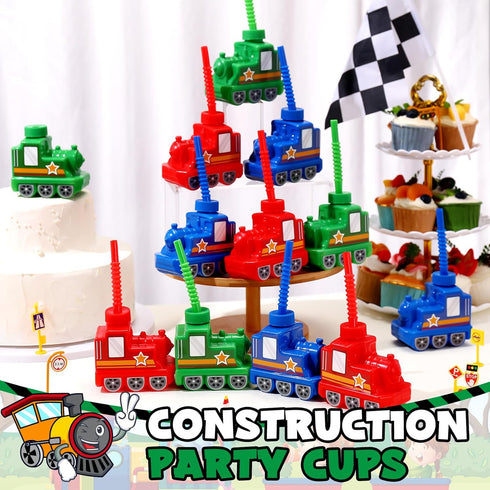 Tanlade 24 Sets Traffic Vehicle Party Favor Supplies, 10 oz Plastic Train Shape Cups with Straws for Birthday