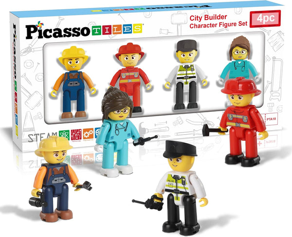 Picasso Toys Magnetic Action Figures, 4 Piece City Builder Character for Magnet Building Block Tiles Expansion Pack