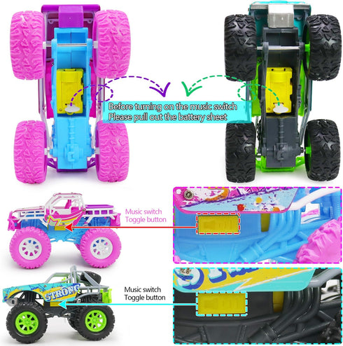 Toddler Girl Toys - 2 Pack Pink Car Monster Truck for Girls Age 2-6 with LED Lights and Music