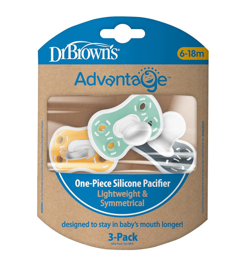 Symmetrical 6-18m, 3 Pack Dr. Brown's Advantage One-Piece Silicone Baby Pacifier, Fully Soother, Dark