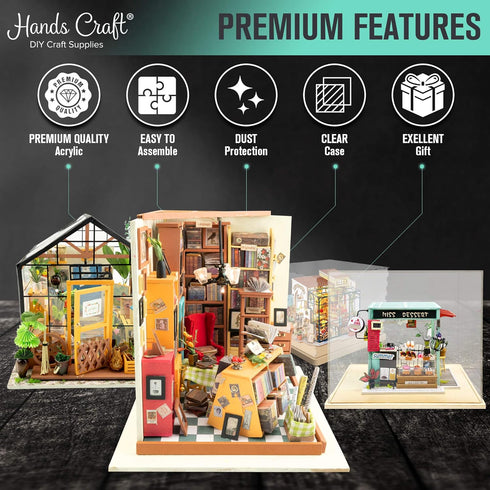 Hands Craft Miniatures Dollhouse Display Case | Acrylic Dust Cover & Wooden Base | Protective, Dust-Free Display |