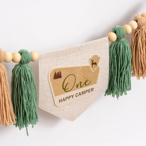 1st One Happy Camper High Chair Banner - Happy Camper Birthday Party Decoration Supplies Garlands, Adventure Camping