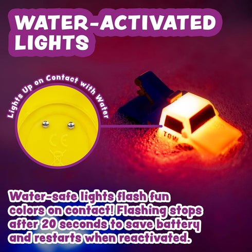 6 Pack Tub Works Emergency Cars Light Up Bath Toys, | Water-Activated Light Up Toys Flash & Change Color | Soft