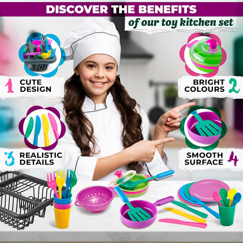 Kids Kitchen Playset Dishes - 27Pcs Toy Plates and Bowls Sets for Outdoor Play Accessories
