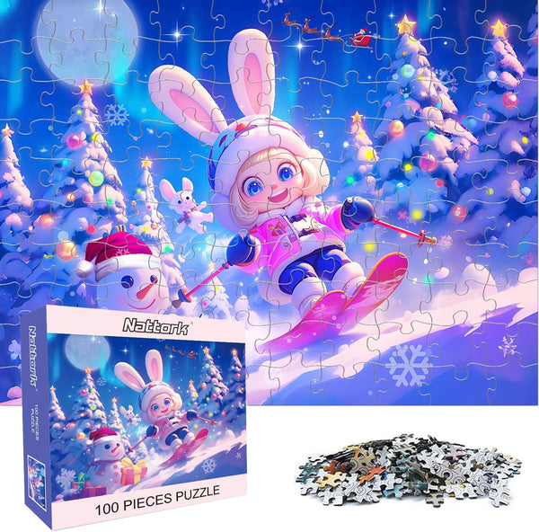 Nattork Jigsaw Puzzles 100 Pieces for Kids Youth Skiing Bunny - Pieces