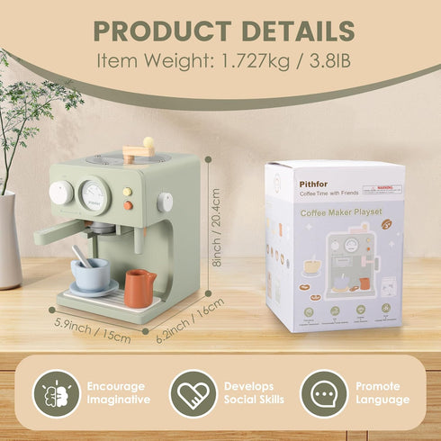 Kids Wooden Coffee Maker Toy with Grinder, Pretend Play Kitchen Appliances Gift for Toddlers